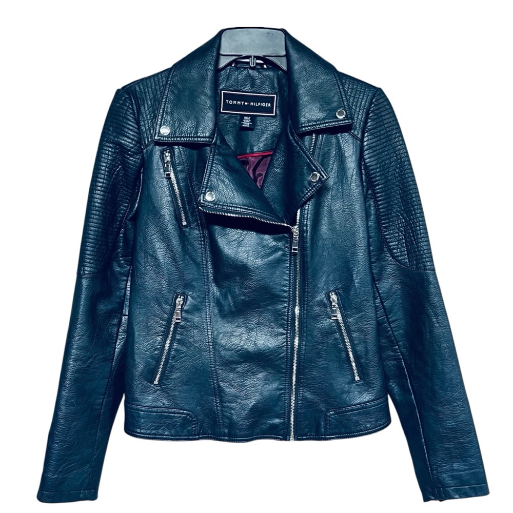 Tommy Hilfiger Women’s Navy Blue Biker /Moto Faux Leather Jacket Small